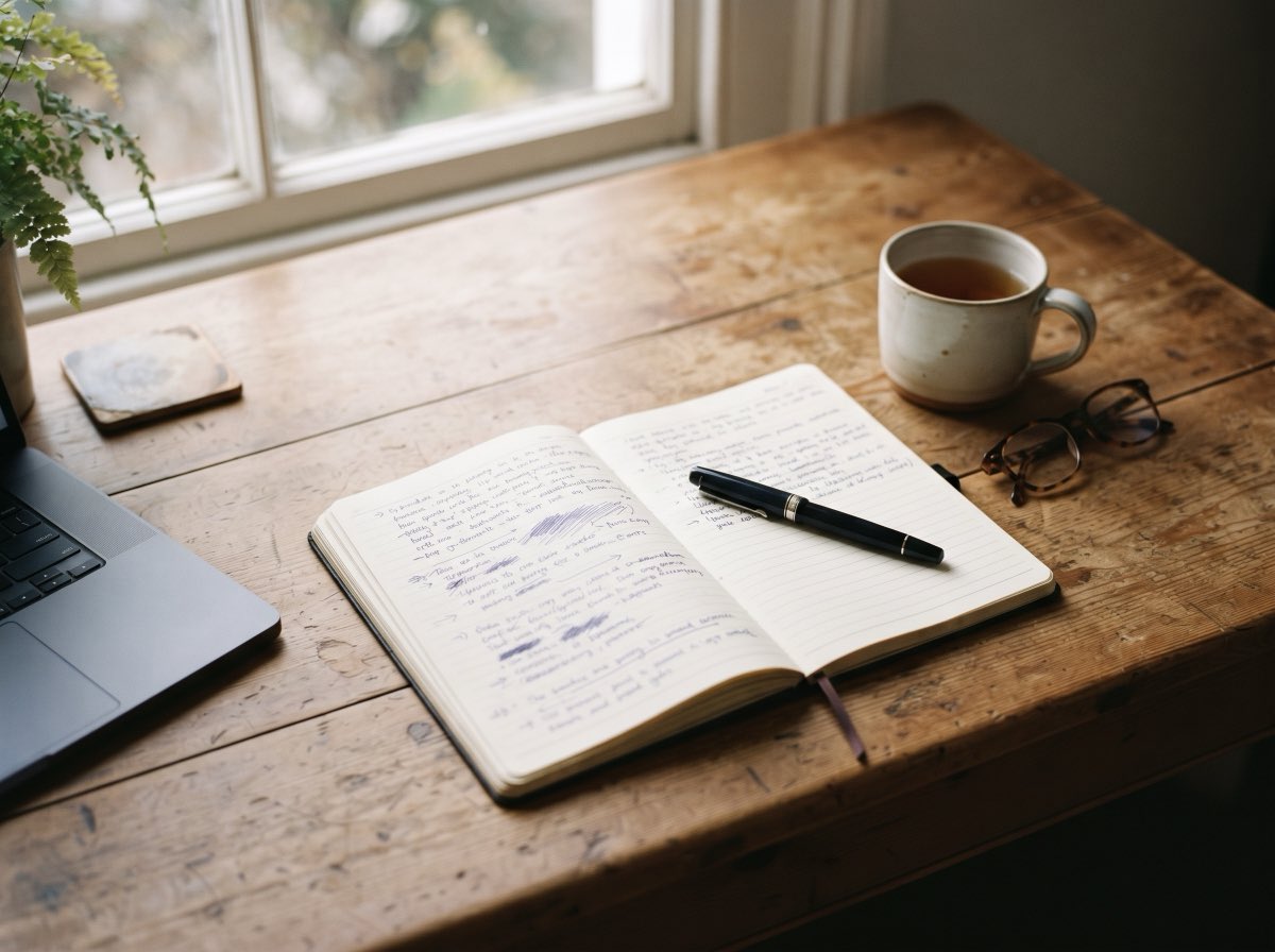 An open notebook of handwritten working notes on a wooden desk in morning light, beside a closed laptop and a mug of tea.